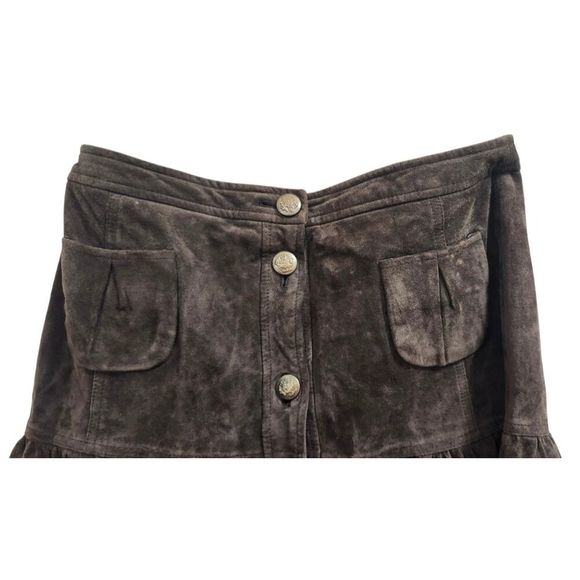 LOFT  Brown Suede Button Front Skirt High Waist Ruffle Hem Flap Pockets Boho 8 - Picture 4 of 11
